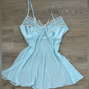 🎁 VINTAGE Y2K Baby Blue Lace Ribbon Sheer Babydoll Chemise Nightie Slip Dress